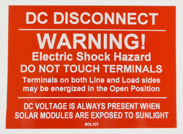 SOL107 - 4" X 3" - "DC DISCONNECT, WARNING! ELECTRIC SHOCK HAZARD, DO NOT TOUCH TERMINALS. Terminals
